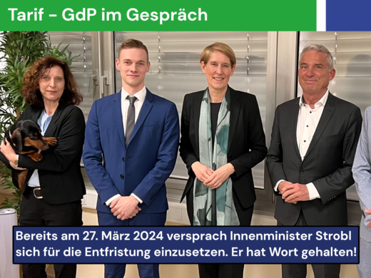 von links: Annette Herling, Jonas Witzgall, Landespolizeipräsidentin Dr. Stefanie Hinz, Innenminister Thomas Strobl | © © GdP-BW 2024 - alle Rechte vorbehalten