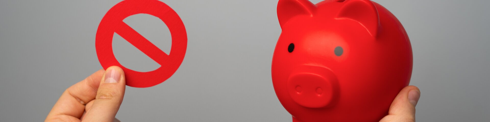 Rotes Sparschwein und Verbotsschild Nein in Händen auf grauem Hintergrund. | © Envato: iLixe48