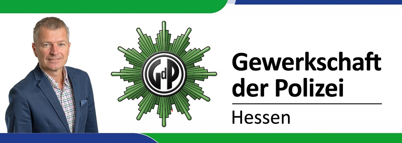 Bild des Vorsitzenden und daneben grüner Stern auf weißem Grund mit Aufschrift Gewerkschaft der Polizei Hessen